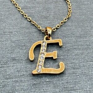 Gold Tone Rhinestone Letter E Initial Pendant Necklace Monogram Minimalist Gift